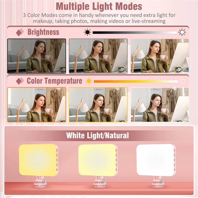 Rechargeable 60-LED Dimmable Fill Light Selfie Live Streaming Video Light for Phone Camera Computer - Pink