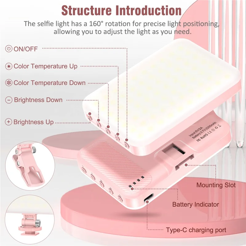 Rechargeable 60-LED Dimmable Fill Light Selfie Live Streaming Video Light for Phone Camera Computer - Pink