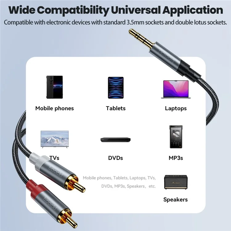 Toocki Tq-x41 1m Cable de Brote Estéreo Y-brote de 3.5 mm a 2RCA Cable Auxiliar Masculino - Gris