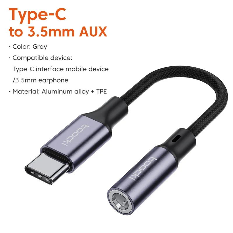 TOOCKI TQ-YP08 Type-C Male to 3.5mm Female AUX Cable Adapter Cord Headphone Connector