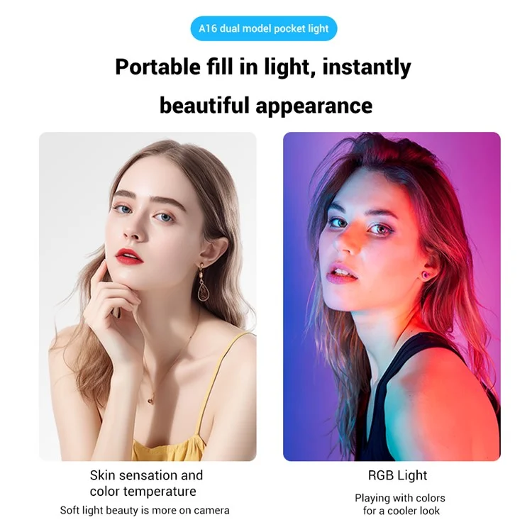 Lámpara de fotografía portátil A16 Magnetic RGB con luz de relleno para cámara y teléfono