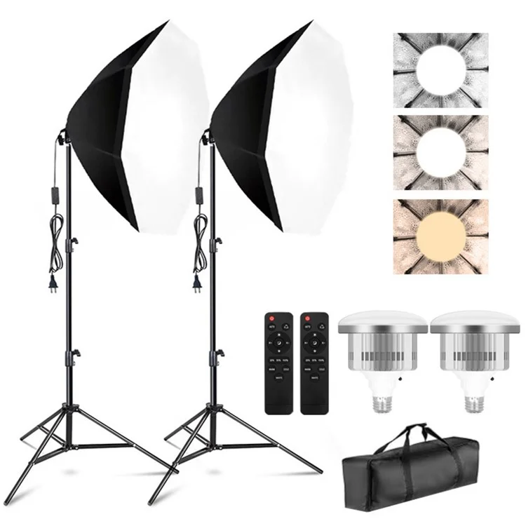 Juego de 2 kits de iluminación con caja de luz octogonal para estudio fotográfico, retrato, luz continua - Enchufe estadounidense
