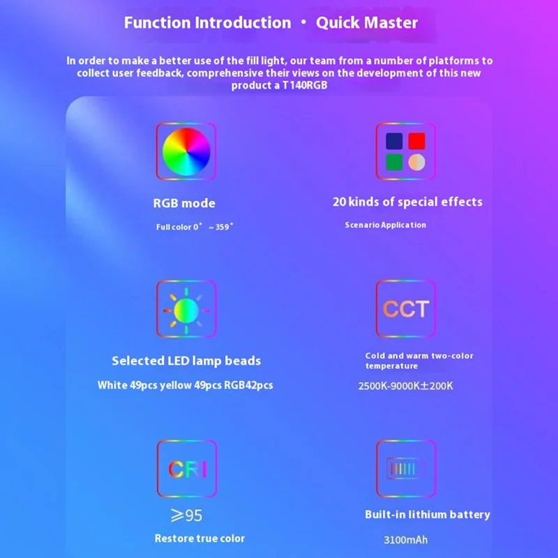 T140 RGB Luce di riempimento a colori pieni per Tiktok / Riprese video / Fotografia