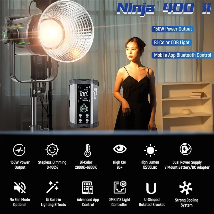 WEEYLITE Ninja 400 II 150W COB Studio Light 2800K - 6800K APP Control Photography Lamp with Reflector - US Plug