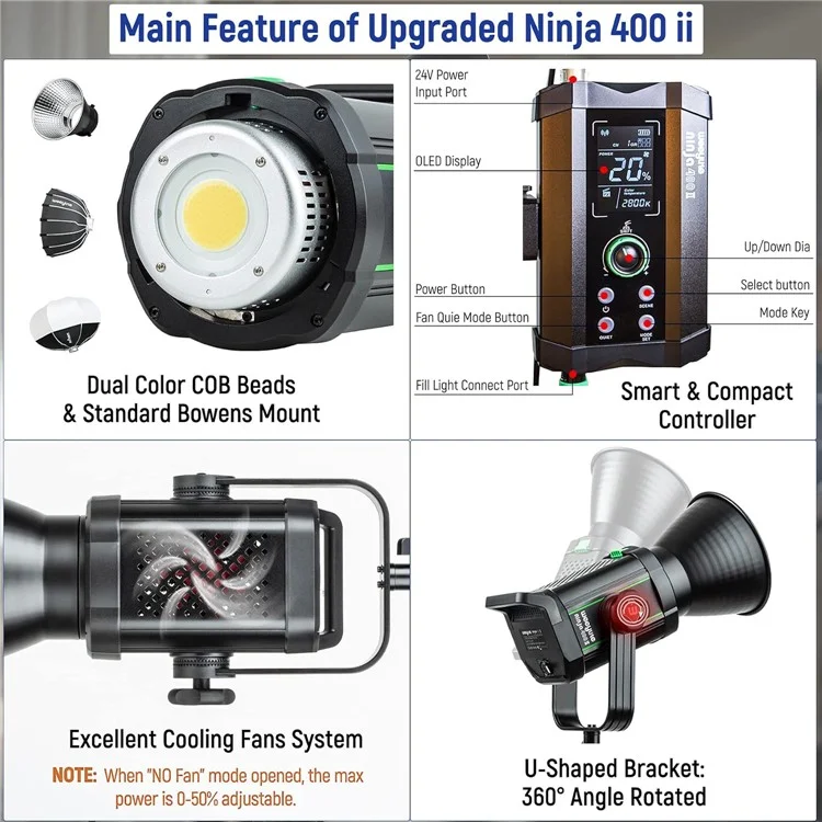 WEEYLITE Ninja 400 II 150W COB Studio Light 2800K - 6800K APP Control Photography Lamp with Reflector - US Plug