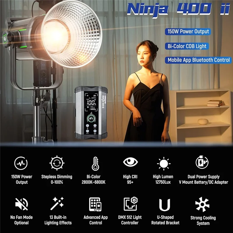 WEEYLITE Ninja 400 II 150W COB Studio Light 2800K - 6800K APP Control Photography Lamp with Reflector - EU Plug