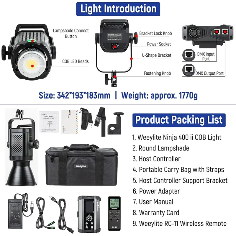 WEEYLITE Ninja 400 II 150W COB Studio Light 2800K - 6800K APP Control Photography Lamp with Reflector - EU Plug
