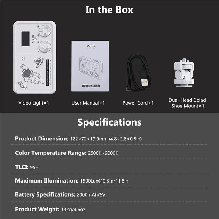 VRIG FD98 Lumière vidéo LED à double température de couleur Éclairage portable de photographie