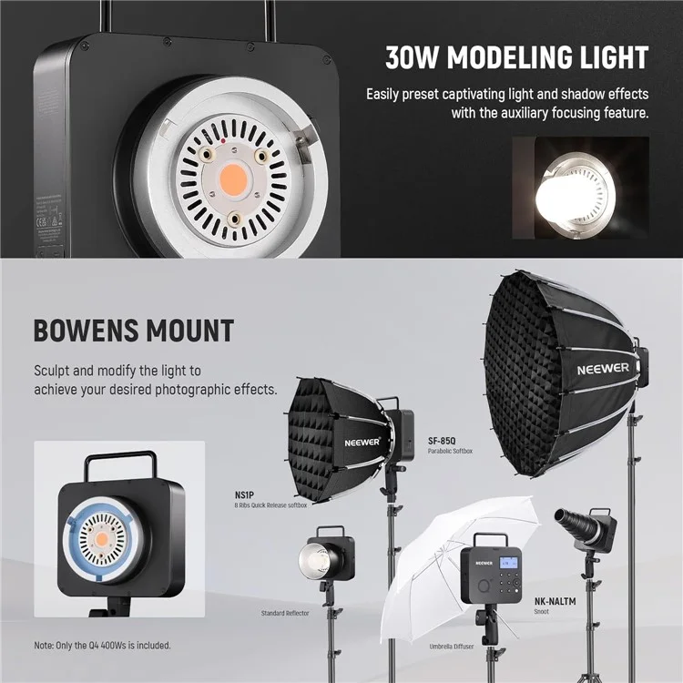 NEEWER Q4 400Ws Flash Externo com Gatilho QPRO-F para Fuji 1 / 8000S Sincronização de Alta Velocidade Luz de Estúdio Portátil de Mão - Plugue EUA