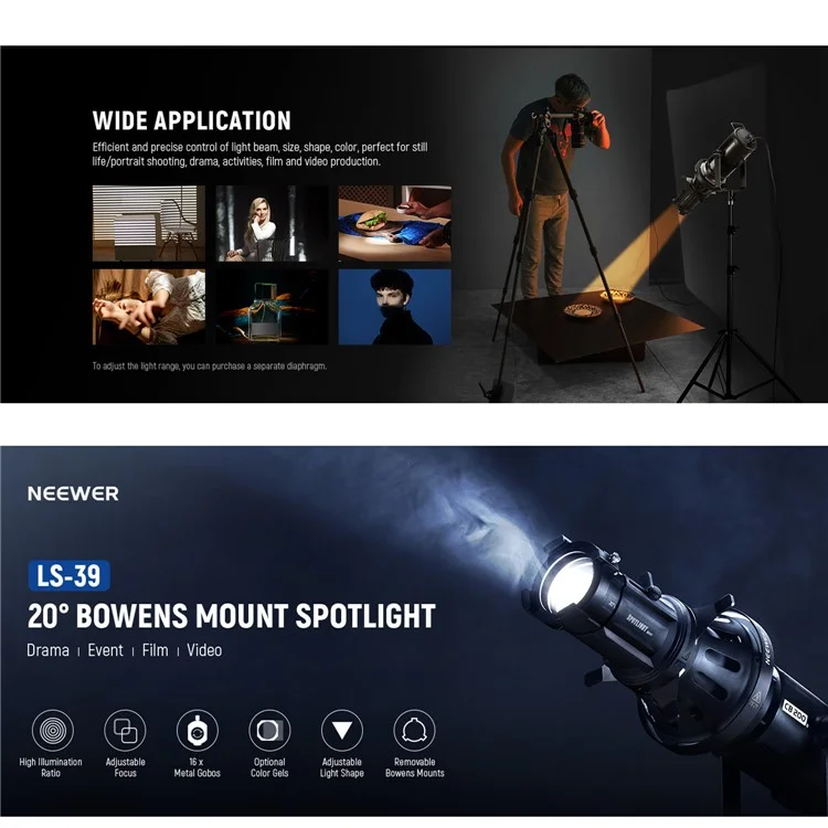 NEEWER LS-39 Scheinwerfer-Spotlight-Set Konische Brennlinse 20° Bowens-Halterung Fotografie-Beleuchtung