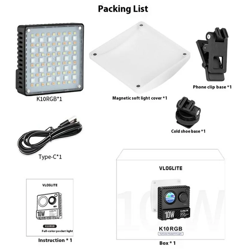 K10RGB Luz de Fotografia e Videografia para Selfie, Luz LED RGB para Câmera, Ultra Fina e Compacta