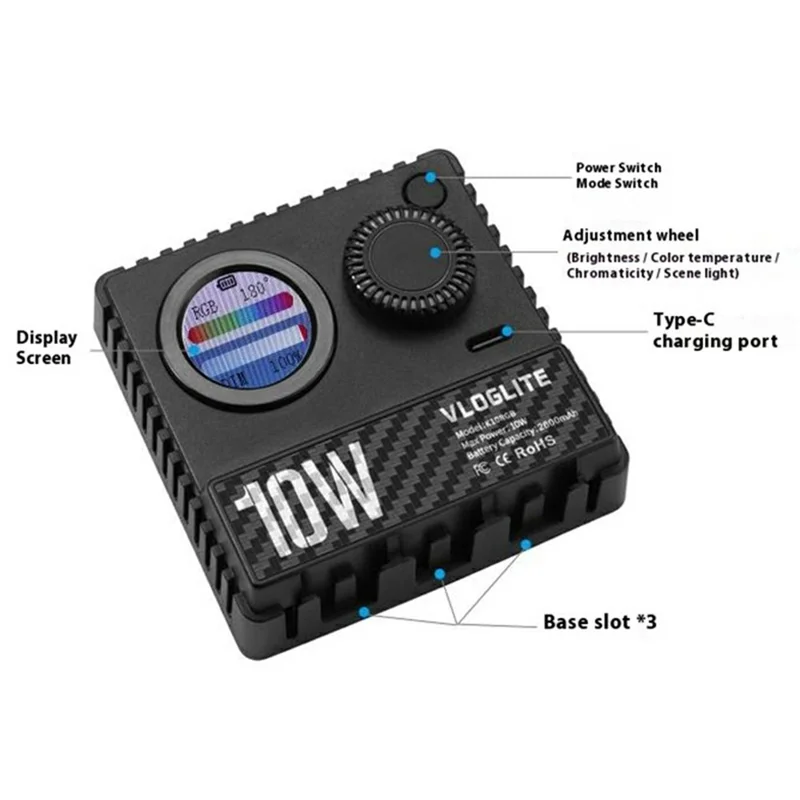 K10RGB Luz de Fotografia e Videografia para Selfie, Luz LED RGB para Câmera, Ultra Fina e Compacta