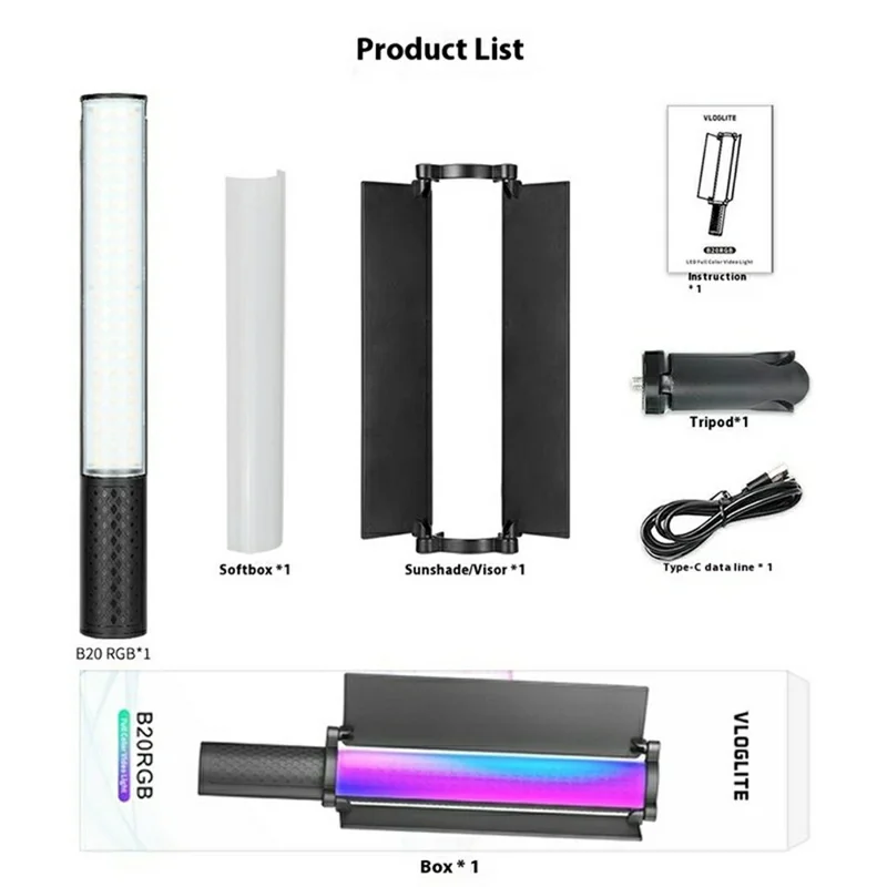 VLOGLITE B20RGB Handheld RGB Photography Light Stick 20 Modes 1800K - 9000K Magnetic LED Fill Light