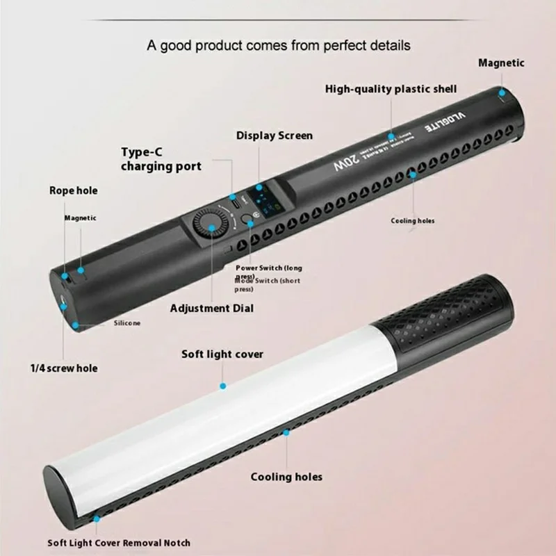 VLOGLITE B20RGB Handheld RGB Photography Light Stick 20 Modes 1800K - 9000K Magnetic LED Fill Light