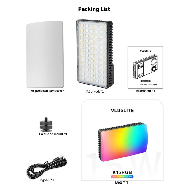 VLOGLITE K15RGB 15 W Farvefyldningslampe RGB LED Videolampe Fotograferingsstudie Kamera Lampe