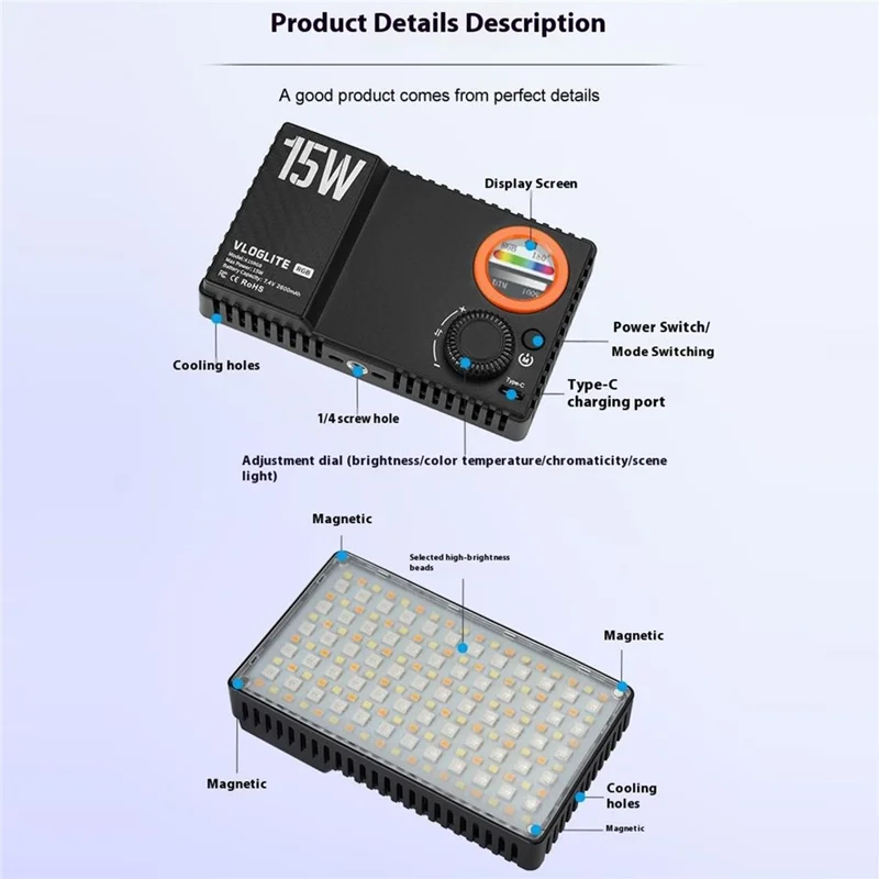 VLOGLITE K15RGB 15 W Farvefyldningslampe RGB LED Videolampe Fotograferingsstudie Kamera Lampe