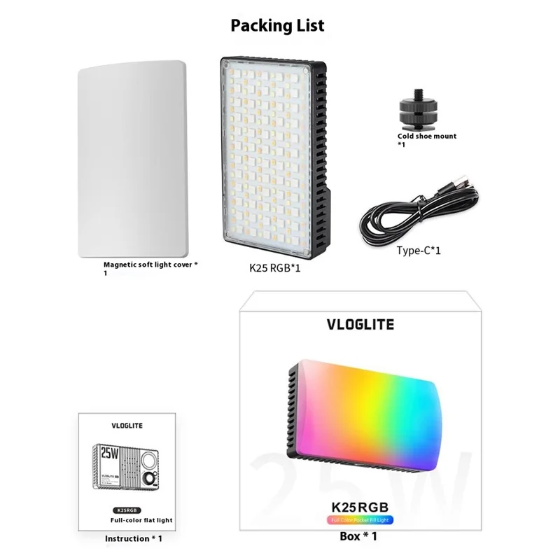 VLOGLITE K25RGB 25W High Power RGB Fill Light for Camera Photography Live Streaming Pocket Video Light