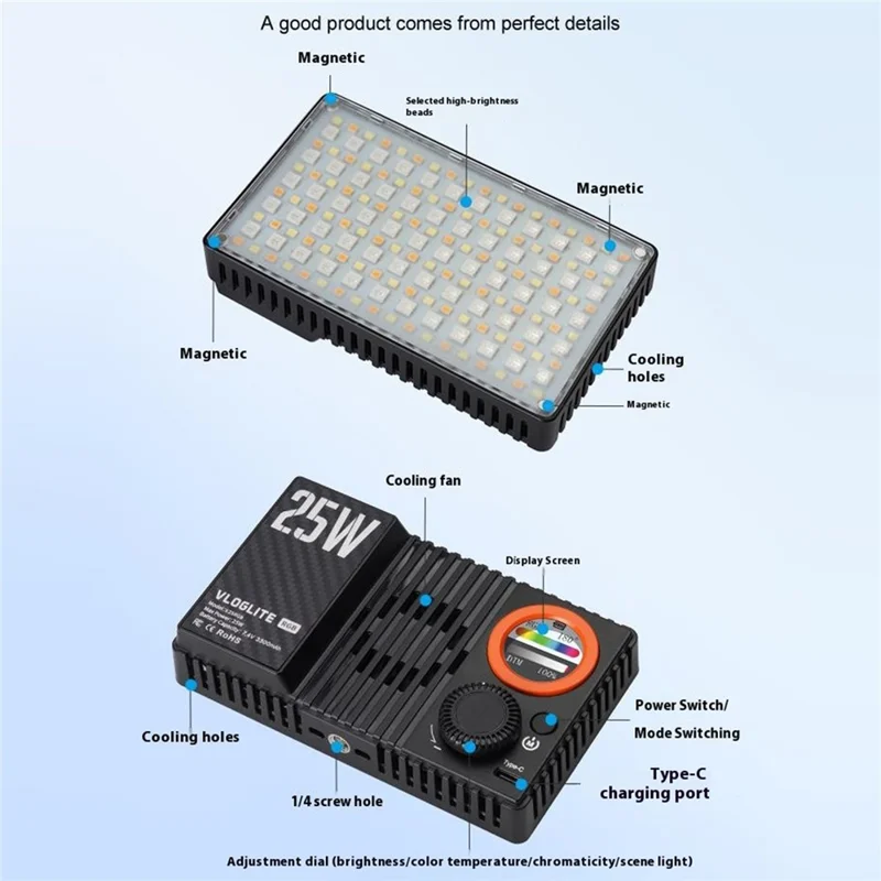 VLOGLITE K25RGB 25W High Power RGB Fill Light for Camera Photography Live Streaming Pocket Video Light