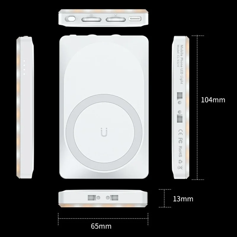 V22A 4 W strømbars lommelys med LED, type-C opladning, magnetisk fyldlys til telefonkamera, live-streaming