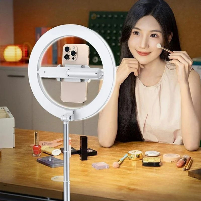 R10 360° Rotatable Clip Ring Fill Light Live Streaming Stand Rechargeable 3 Color Temperature Lighting Integrated Phone Stand