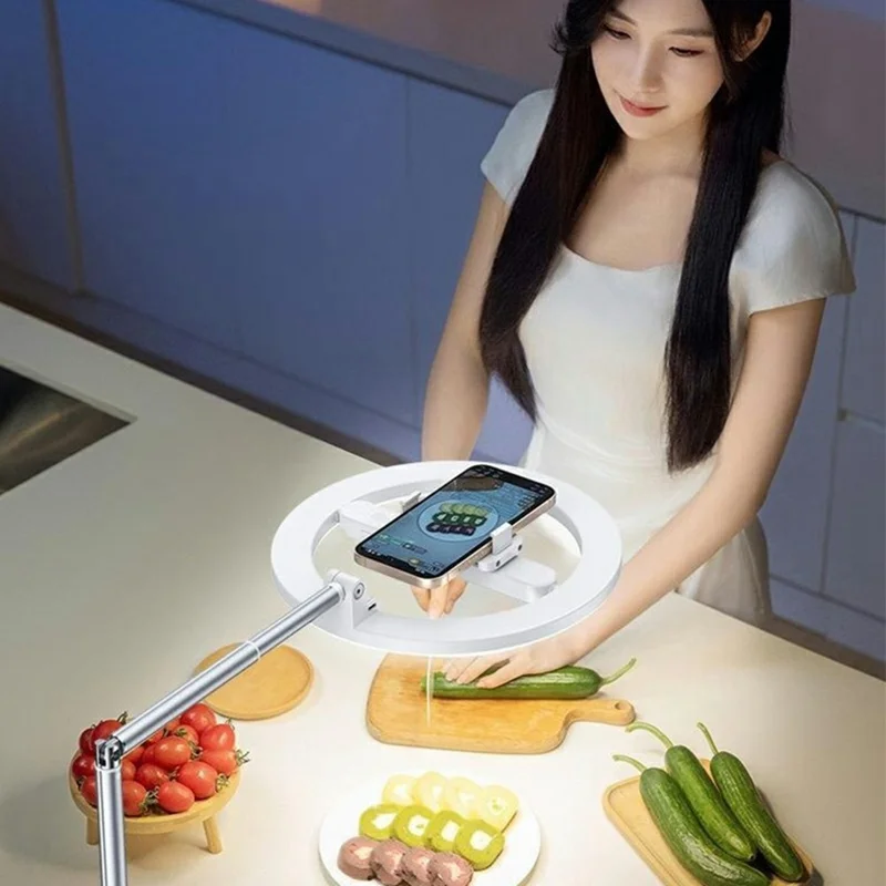 R10 360° Rotatable Clip Ring Fill Light Live Streaming Stand Rechargeable 3 Color Temperature Lighting Integrated Phone Stand