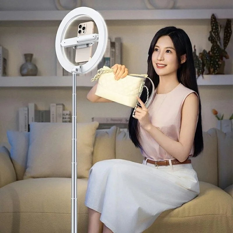 R10 360° Rotatable Clip Ring Fill Light Live Streaming Stand Rechargeable 3 Color Temperature Lighting Integrated Phone Stand