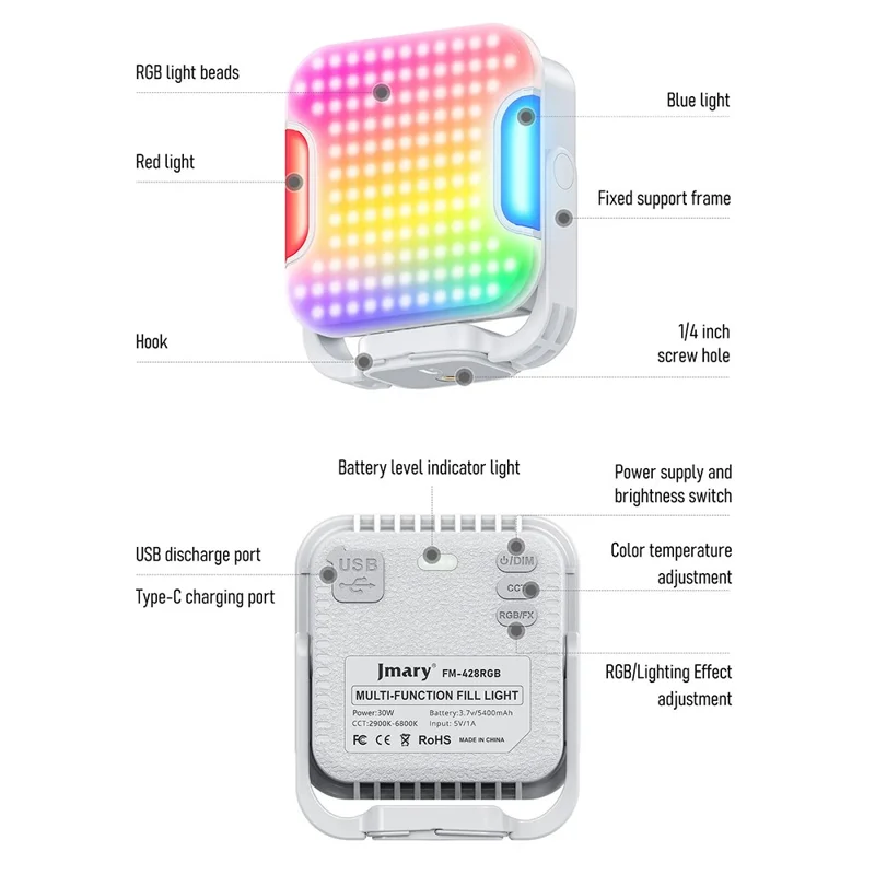 JMARY FM-428RGB Lampe de remplissage magnétique Lumière LED RGB portable avec fonction banque d'alimentation pour photographie / vidéographie