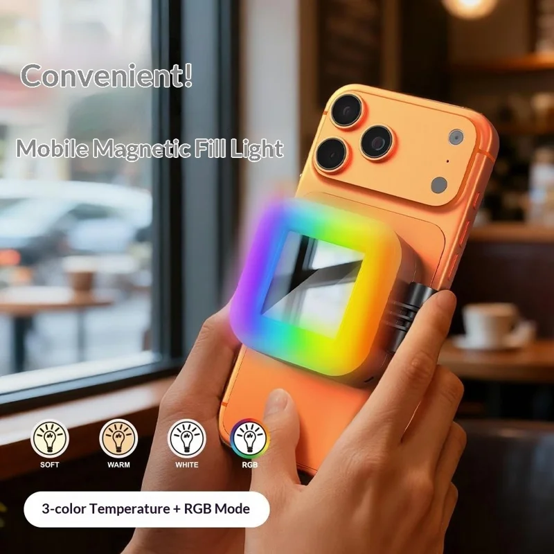 Przenośne magnetyczne lampy do telefonu L18, 3 temperatury barwowe, tryb RGB, regulowane oświetlenie do selfie, makijażu, transmisji na żywo – czarny