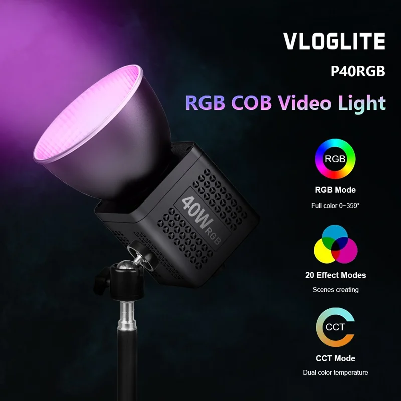 VLOGLITE P40RGB 40W COB RGB Video Light 2500K-6500K 20 Effects Modes Studio Video Lamp for Photography Live Streaming