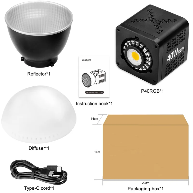 VLOGLITE P40RGB 40W COB RGB Video Light 2500K-6500K 20 Effects Modes Studio Video Lamp for Photography Live Streaming