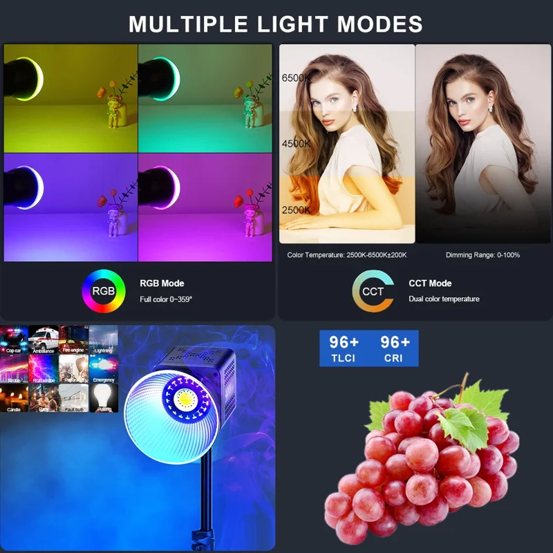 VLOGLITE P40RGB 40W COB RGB Video Light 2500K-6500K 20 Effects Modes Studio Video Lamp for Photography Live Streaming