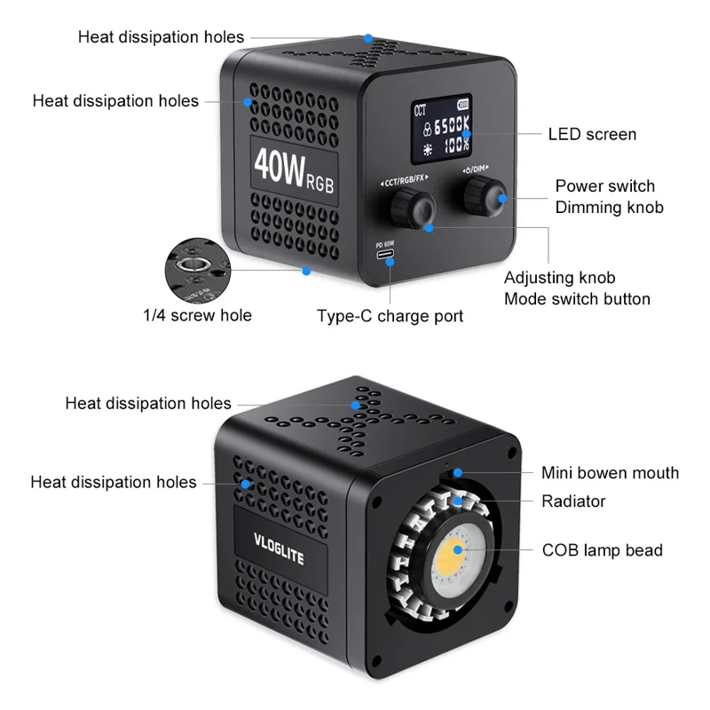 VLOGLITE P40RGB 40W COB RGB Video Light 2500K-6500K 20 Effects Modes Studio Video Lamp for Photography Live Streaming