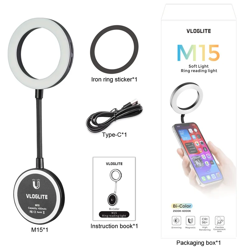 VLOGLITE M15 Mini Portable Selfie Light Magnetic LED Fill Ring Light for Phone Reading Photography Video Lighting