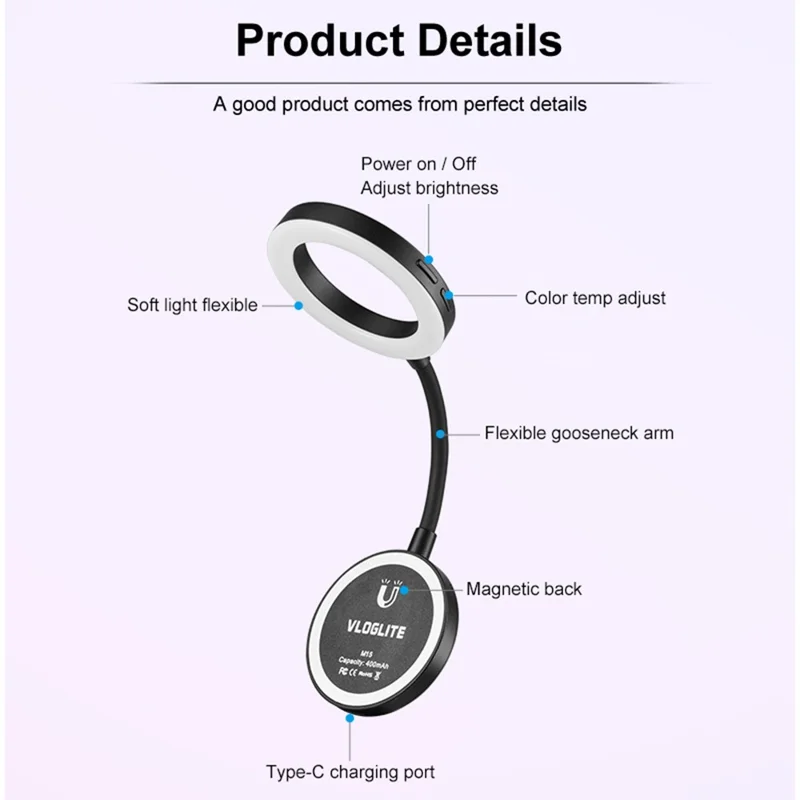 VLOGLITE M15 Mini Portable Selfie Light Magnetic LED Fill Ring Light for Phone Reading Photography Video Lighting