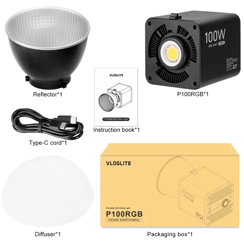 VLOGLITE P100RGB 100W COB Video Light 2700K-6500K CRI96+ Rechargeable Studio Lighting Wireless Photography Lamp