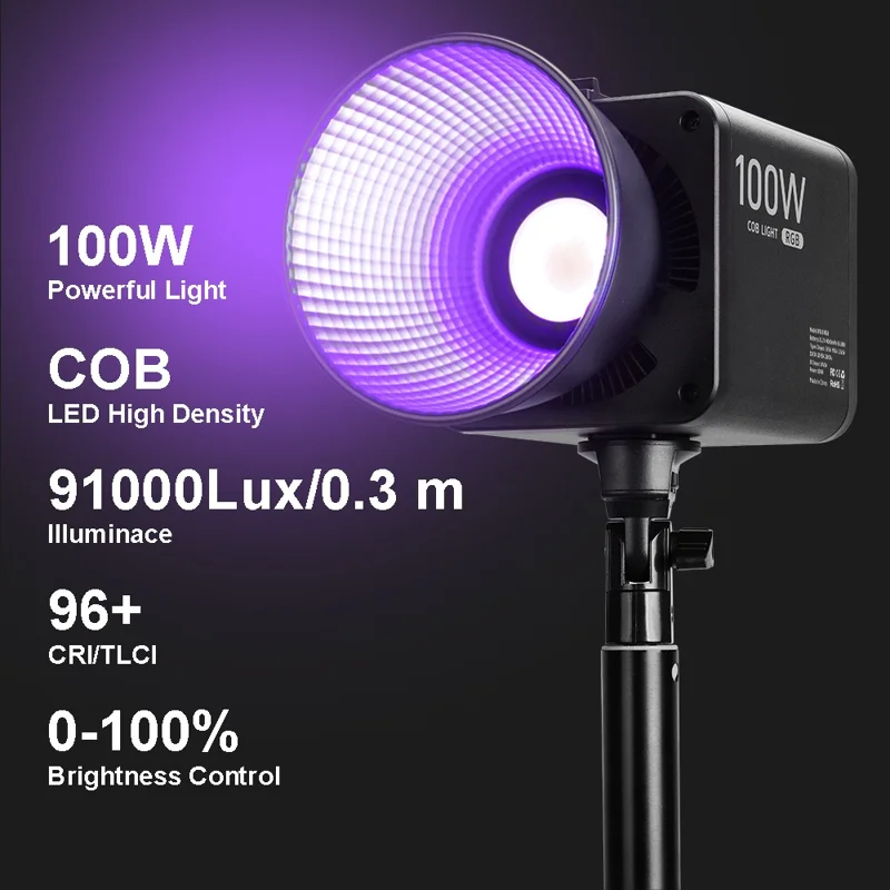 VLOGLITE P100RGB 100W COB Video Light 2700K-6500K CRI96+ Rechargeable Studio Lighting Wireless Photography Lamp