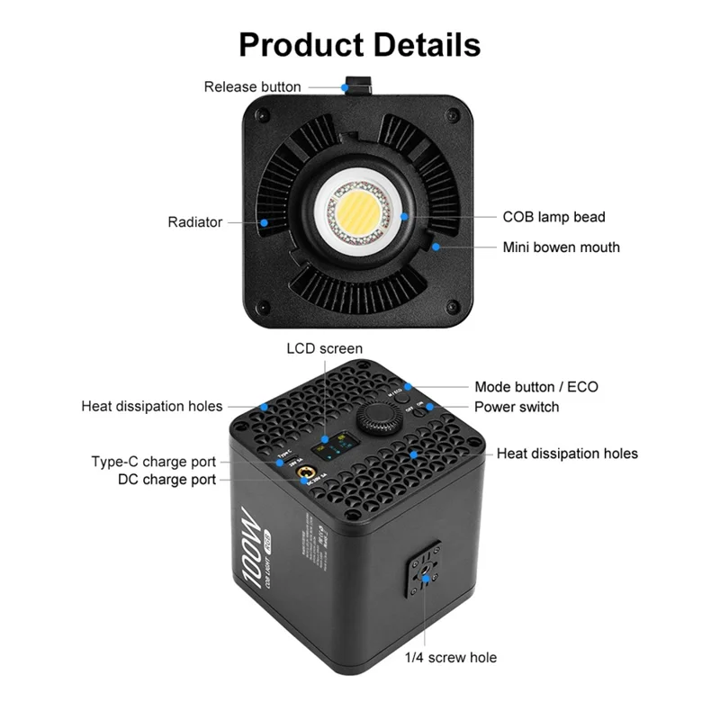 VLOGLITE P100RGB 100W COB Video Light 2700K-6500K CRI96+ Rechargeable Studio Lighting Wireless Photography Lamp