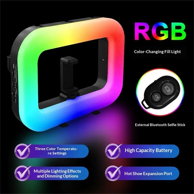 E-30 RGB LED Fill Light Stepless Dimming Portable Photography Light with Phone Holder for Live Streaming
