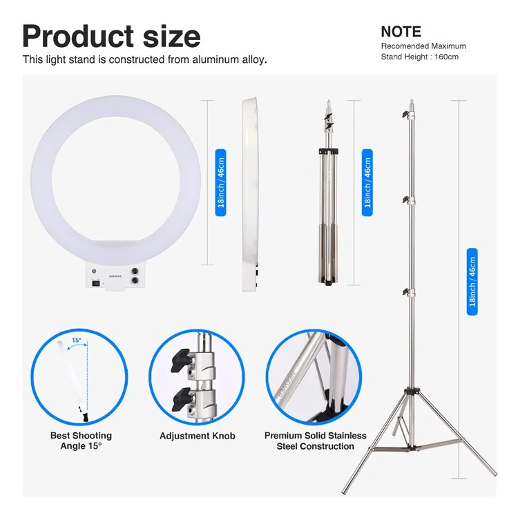 NEEWER RL-18 18-Inch LED Ring Light Dimmable Lighting Kit with Stand Tripod for Broadcasting, YouTube TikTok Video Recording - US Plug