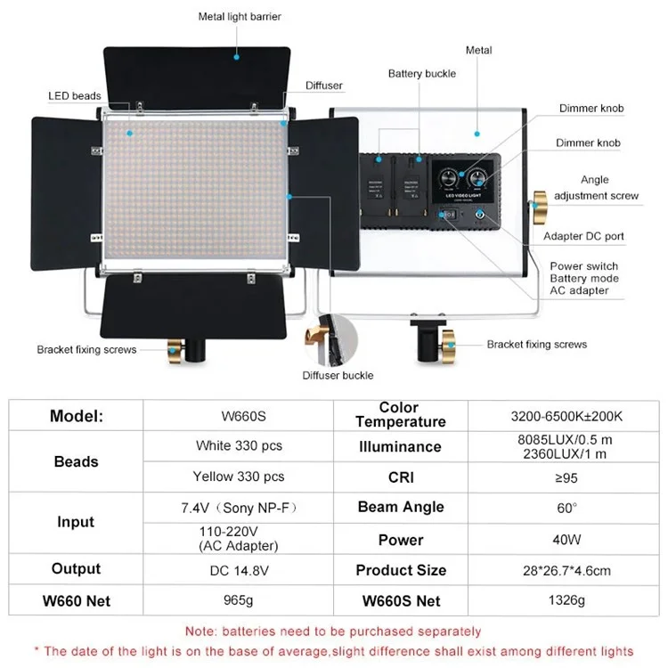 VLOGLITE W660S LED Video Light with Tripod Stand 3200-6500K Photography Studio Lighting for Video Film Recording - EU Plug
