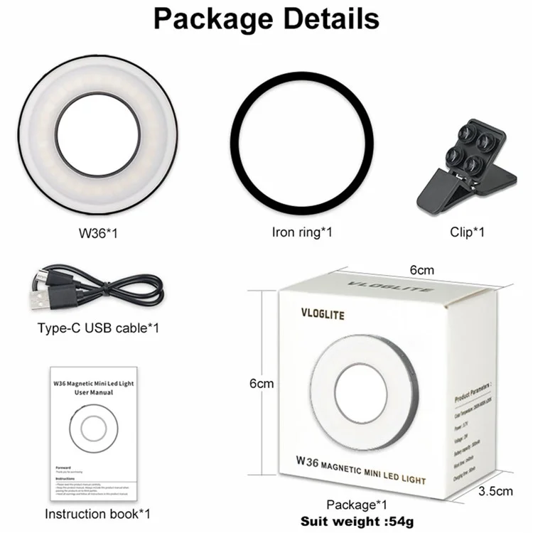 VLOGLITE W36 Magnetic Selfie Ring Light Mini LED Cell Phone Fill Light with Makeup Mirror for Selfie Video Conference