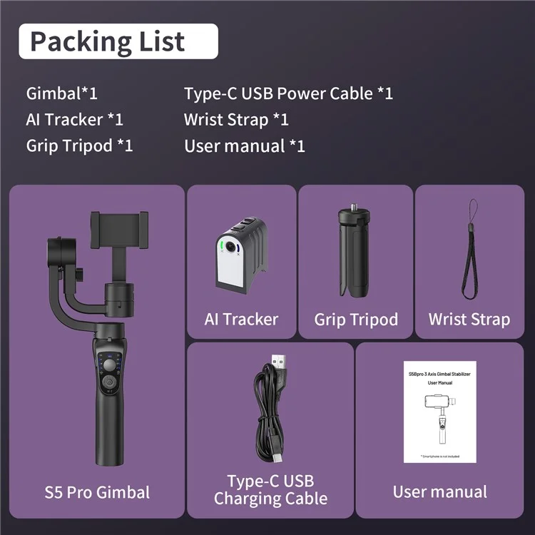S5Bpro Intelligenter KI-Tracking 3-Achsen-Gimbal-Stabilisator Anti-Shake Handy-Halterung Stativ