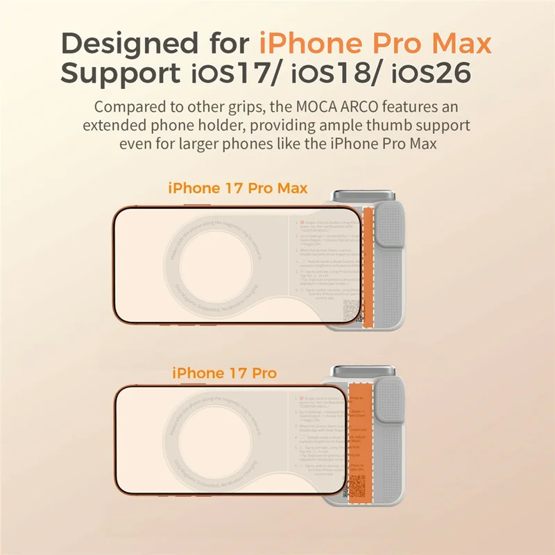 MOCA ARCO Phone Grip Handle with Remote Controller Magnetic Stand LED Light for iPhone Pro Max iOS Compatible - White