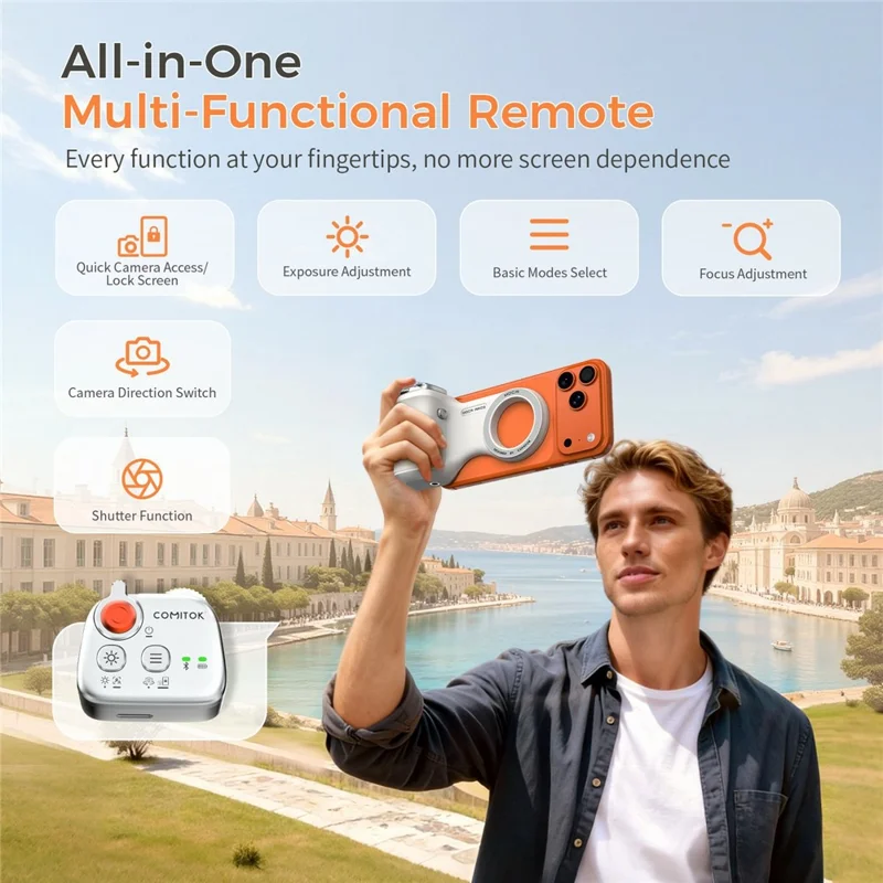 MOCA ARCO Phone Grip Handle with Remote Controller Magnetic Stand LED Light for iPhone Pro Max iOS Compatible - White