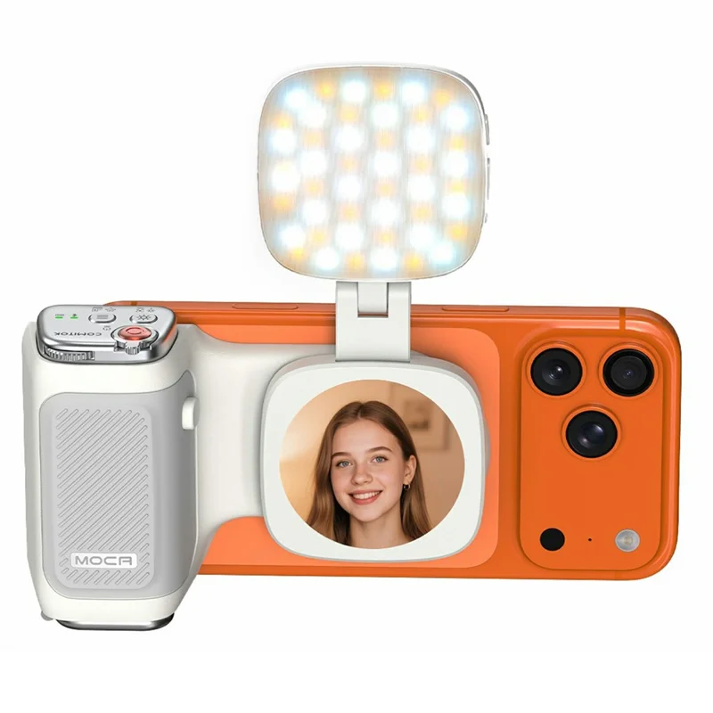 MOCA Grip Camera Handle with Detachable Remote Control and LED Light for iPhone 17  /  16  /  15 MagSafe Compatible Shooting Accessories - White