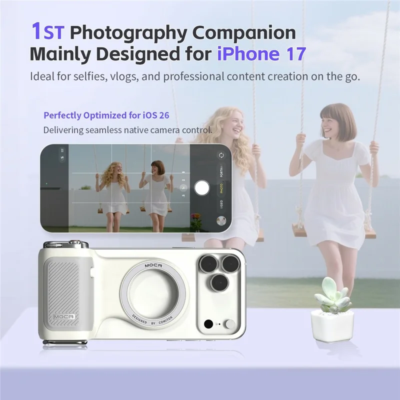 MOCA Grip Camera Handle with Detachable Remote Control and LED Light for iPhone 17  /  16  /  15 MagSafe Compatible Shooting Accessories - White
