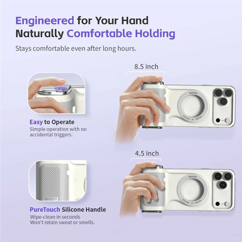 MOCA Grip Camera Handle with Detachable Remote Control and LED Light for iPhone 17  /  16  /  15 MagSafe Compatible Shooting Accessories - White