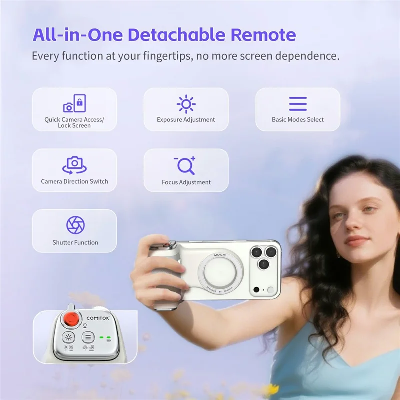 MOCA Grip Camera Handle with Detachable Remote Control and LED Light for iPhone 17  /  16  /  15 MagSafe Compatible Shooting Accessories - White