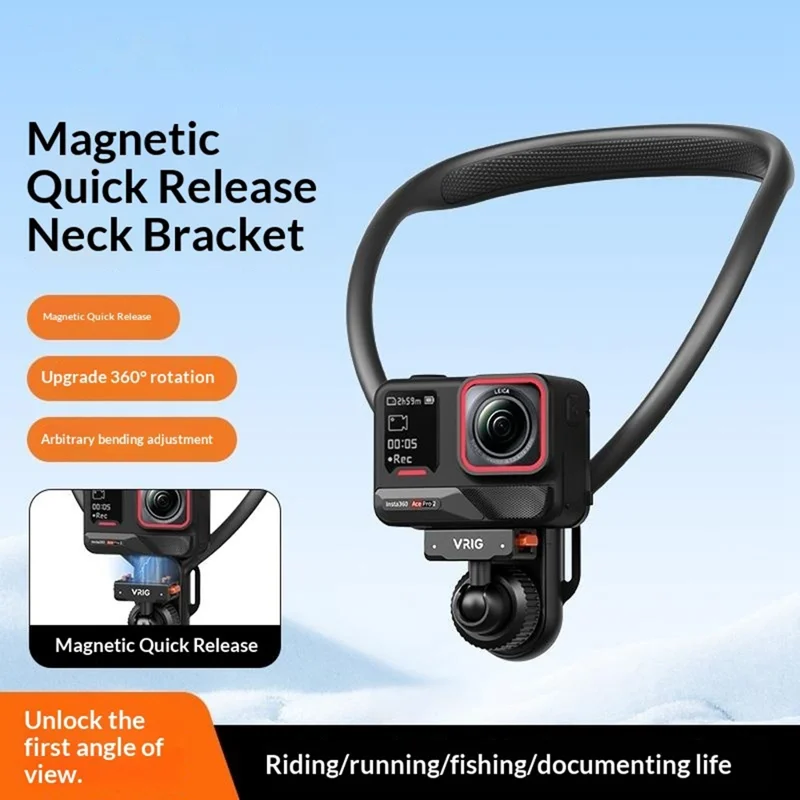 VRIG AC-82 360 Degree Ball Head Magnetic Neck Mount Bracket for Insta360 Ace  /  Pro  /  Pro 2  /  X5  /  X4 Air Quick Release Adjustable Bracket - Black