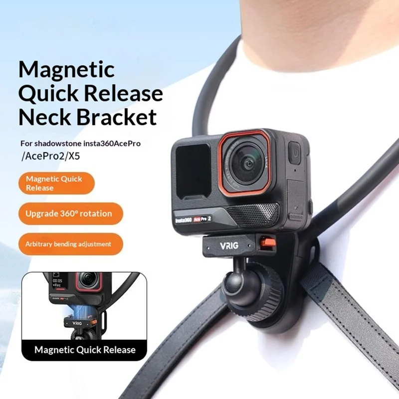 VRIG AC-82 360 Degree Ball Head Magnetic Neck Mount Bracket for Insta360 Ace  /  Pro  /  Pro 2  /  X5  /  X4 Air Quick Release Adjustable Bracket - Black